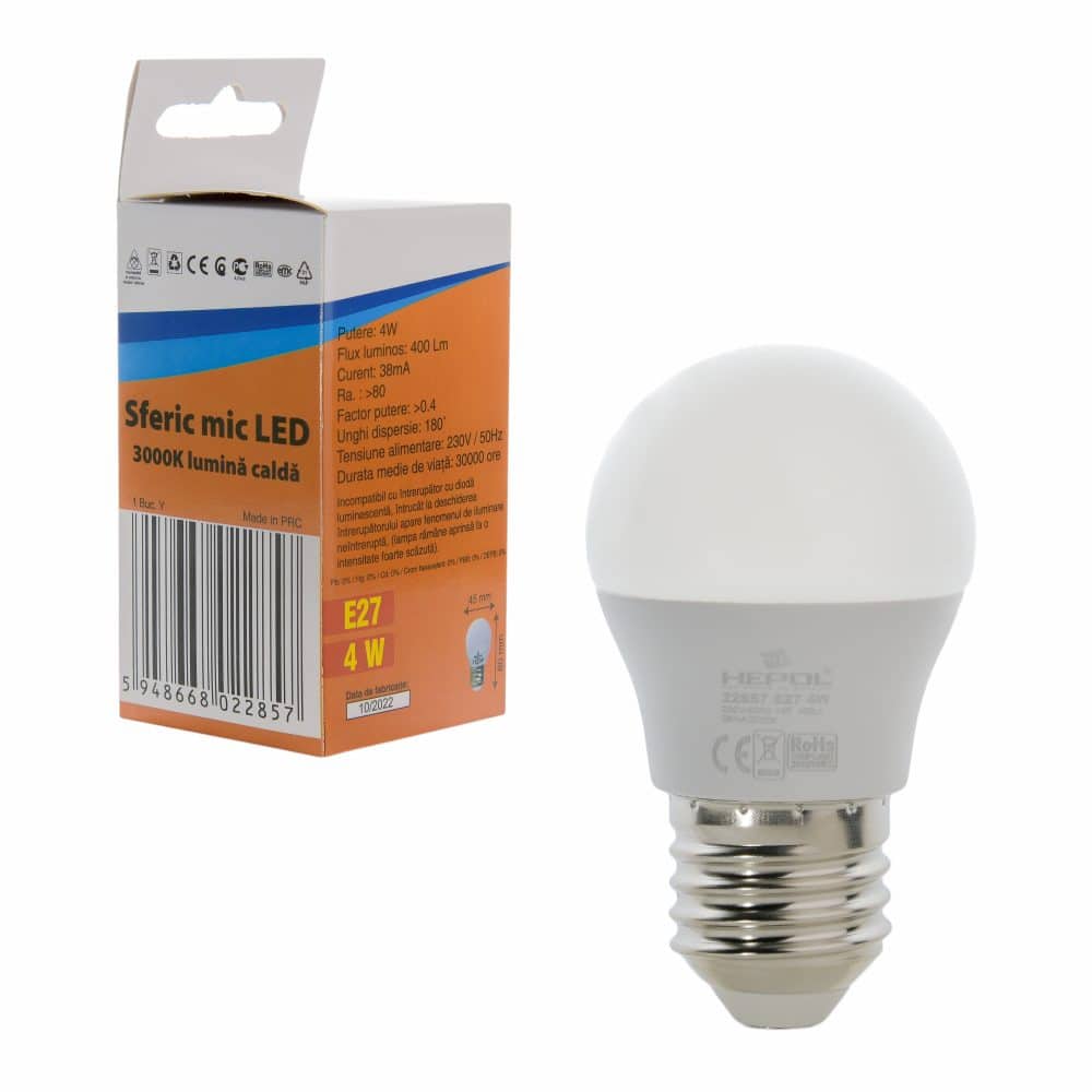 Bec LED HEPOL, forma glob, E27, 4W, 30000 ore, lumina calda