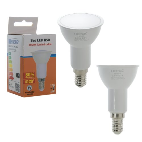 Bec LED HEPOL, forma spot, E14, 3.5W, 30000 ore, lumina calda