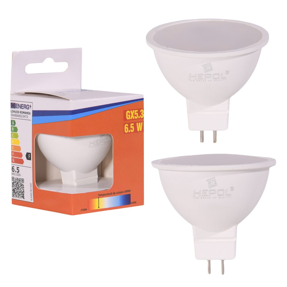 Bec LED HEPOL, forma spot, GX5.3, 6.5W, 30000 ore, lumina calda