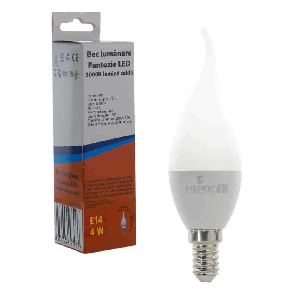Bec LED HEPOL, forma lumanare fantezie, E14, 4W, 30000 ore, lumina calda