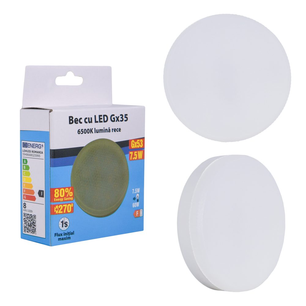 Bec LED LOHUIS forma reflector, Gx53, 7.5W, 8000 ore, lumina rece