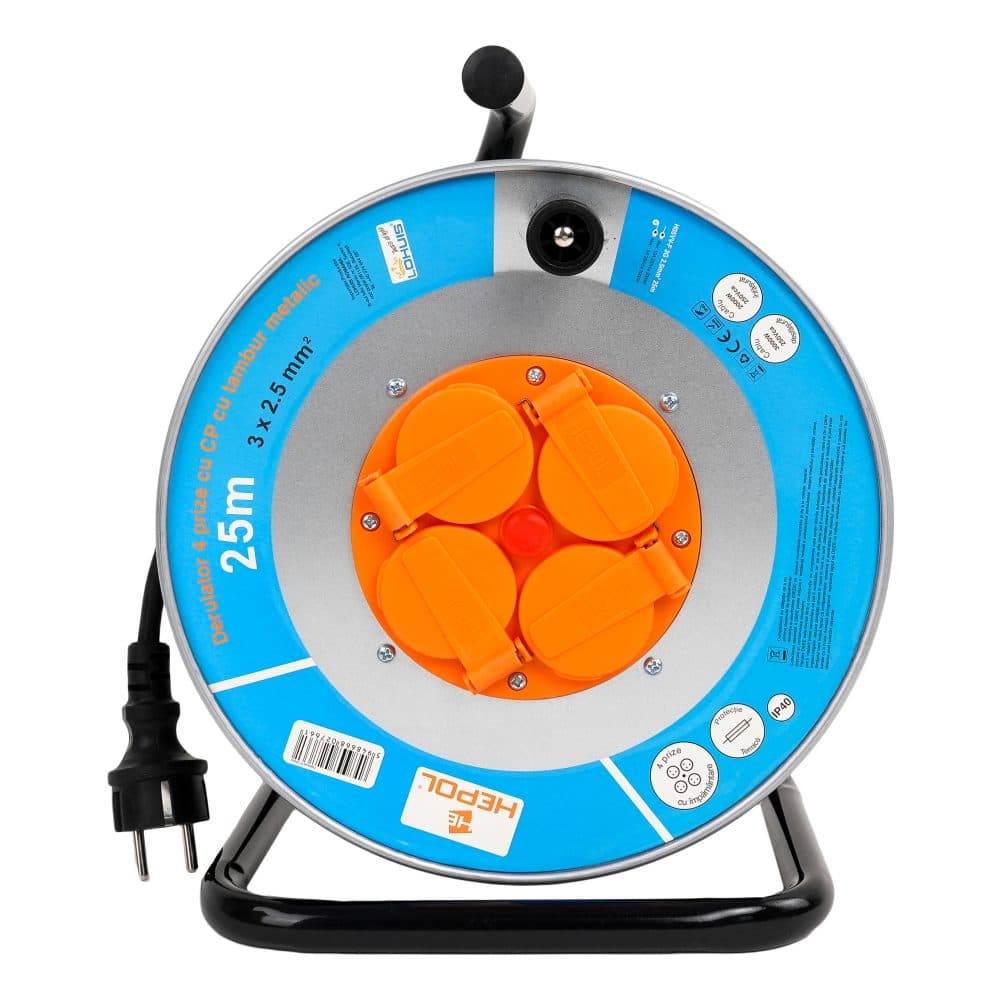 Derulator HEPOL, 4 prize, flanse metalice, 25m, 3x2.5mm²