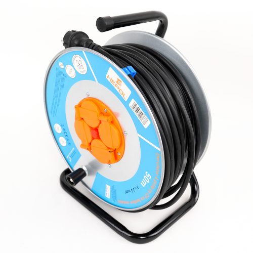 Derulator HEPOL, 4 prize, flanse metalice, 50m, 3x2.5mm²