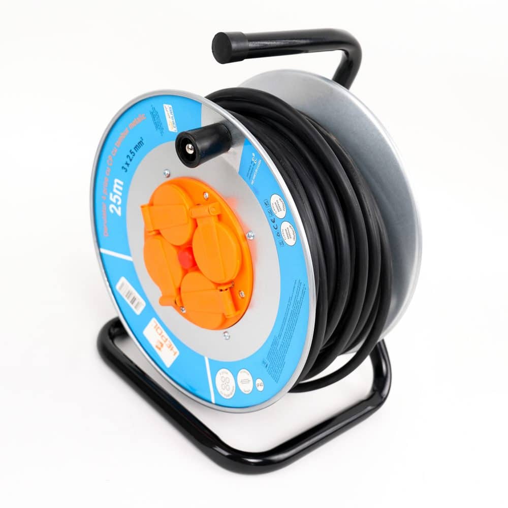 Derulator HEPOL, 4 prize, flanse metalice, 25m, 3x2.5mm²