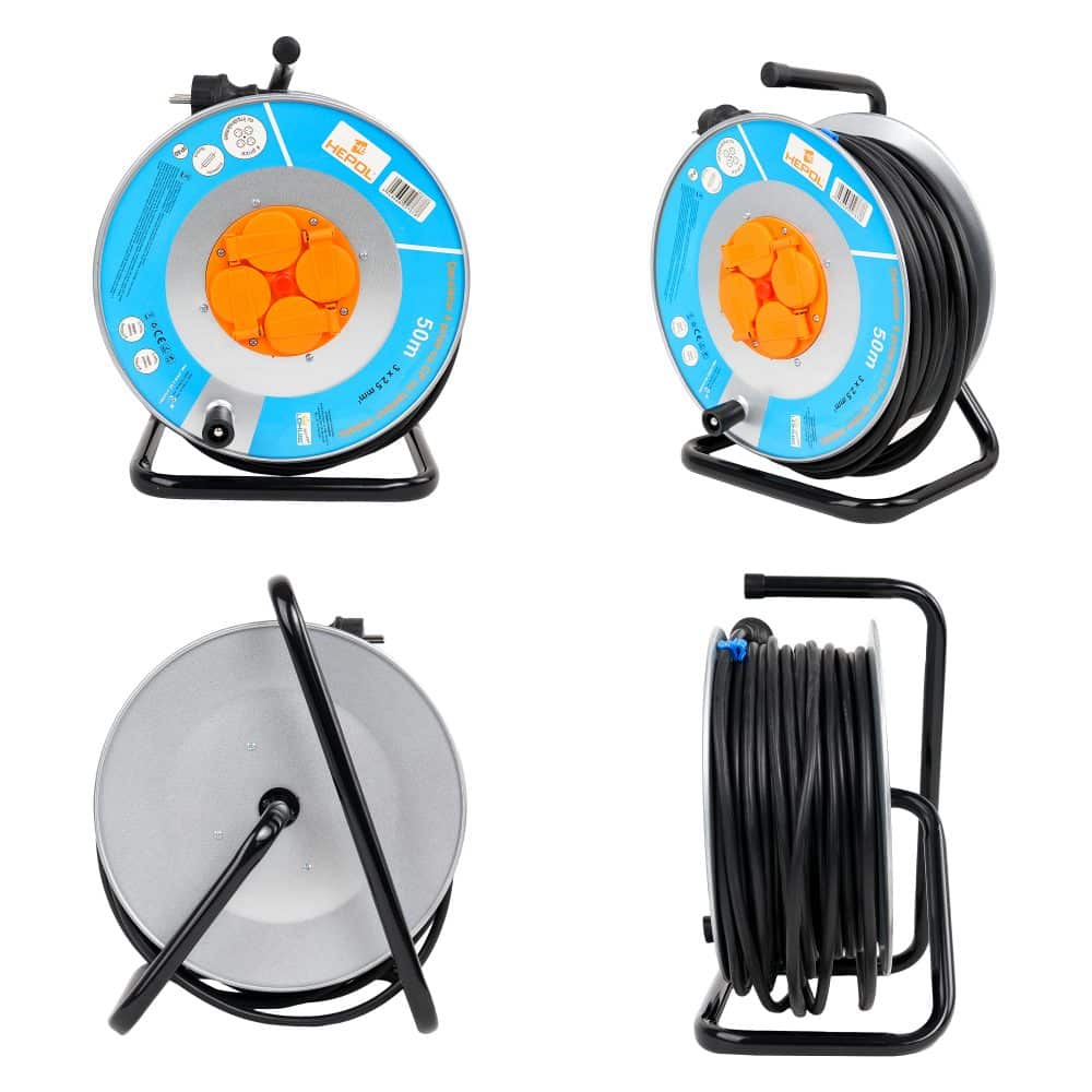 Derulator HEPOL, 4 prize, flanse metalice, 50m, 3x2.5mm²