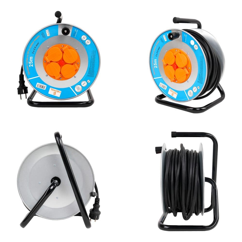 Derulator HEPOL, 4 prize, flanse metalice, 25m, 3x2.5mm²
