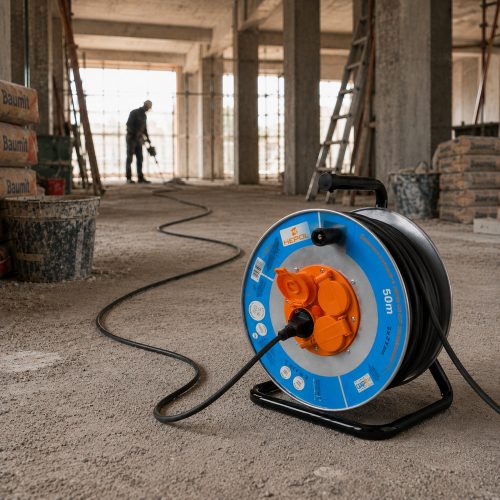 Derulator HEPOL, 4 prize, flanse metalice, 50m, 3x2.5mm²