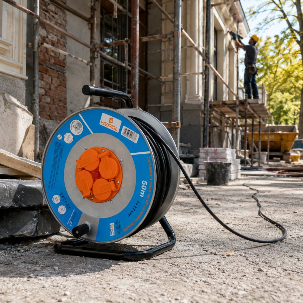 Derulator HEPOL, 4 prize, flanse metalice, 50m, 3x2.5mm²