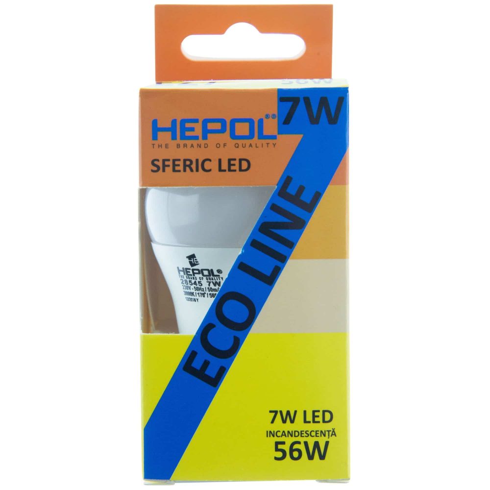 Bec LED ECOLINE HEPOL, forma sferic, E27, 7W, 20000 ore, lumina calda