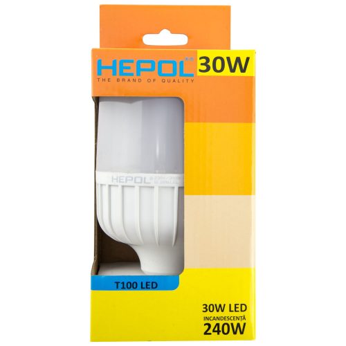 Bec LED T100 HEPOL, forma tubulara, E27, 30W, 25000 ore, lumina calda