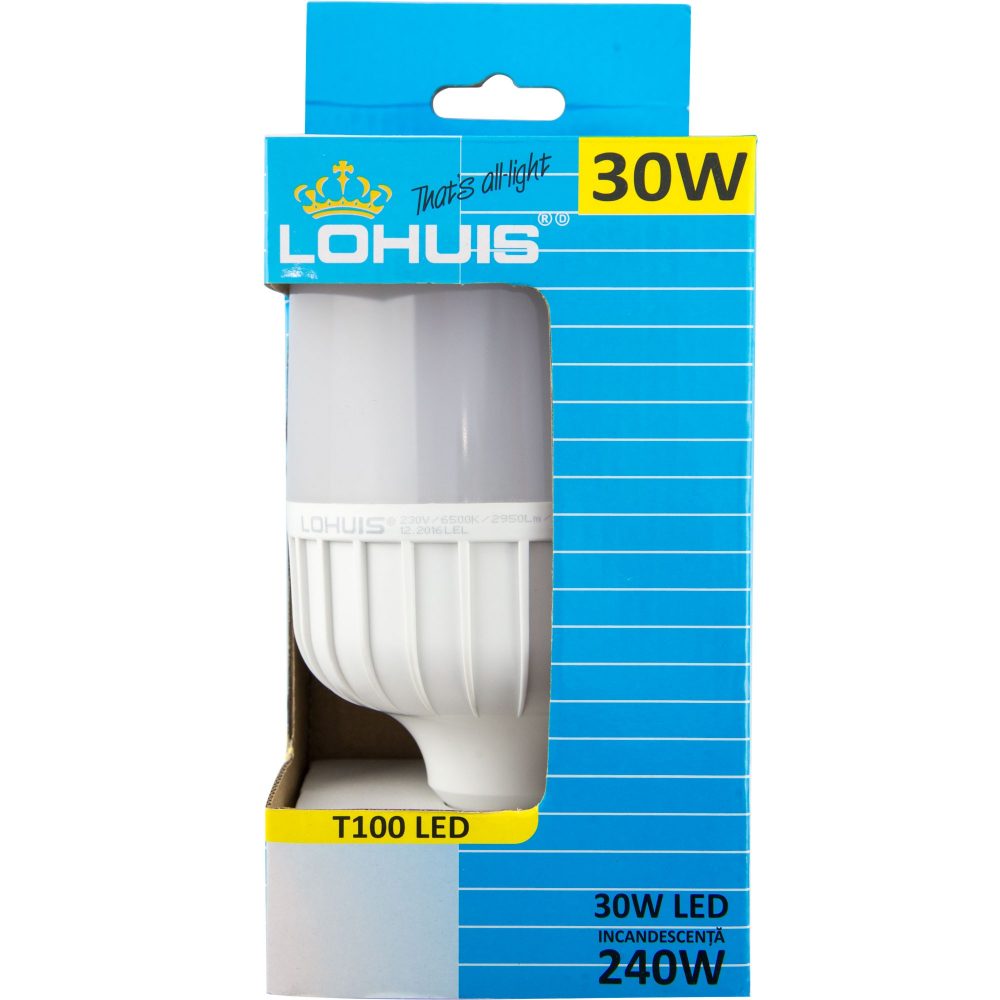 Bec LED T100 LOHUIS, forma tubulara, E27, 30W, 25000 ore, lumina rece