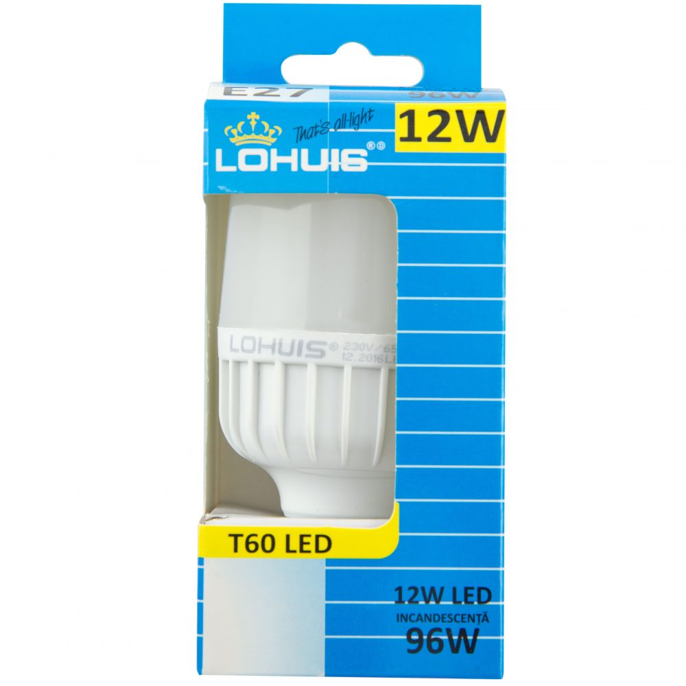 Bec LED T60 LOHUIS, forma tubulara, E27, 12W, 25000 ore, lumina rece