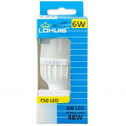 Bec LED T50 LOHUIS, forma tubulara, E27, 6W, 25000 ore, lumina rece