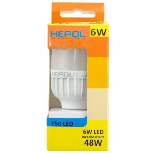 Bec LED T50 HEPOL, forma tubulara, E27, 6W, 25000 ore, lumina calda