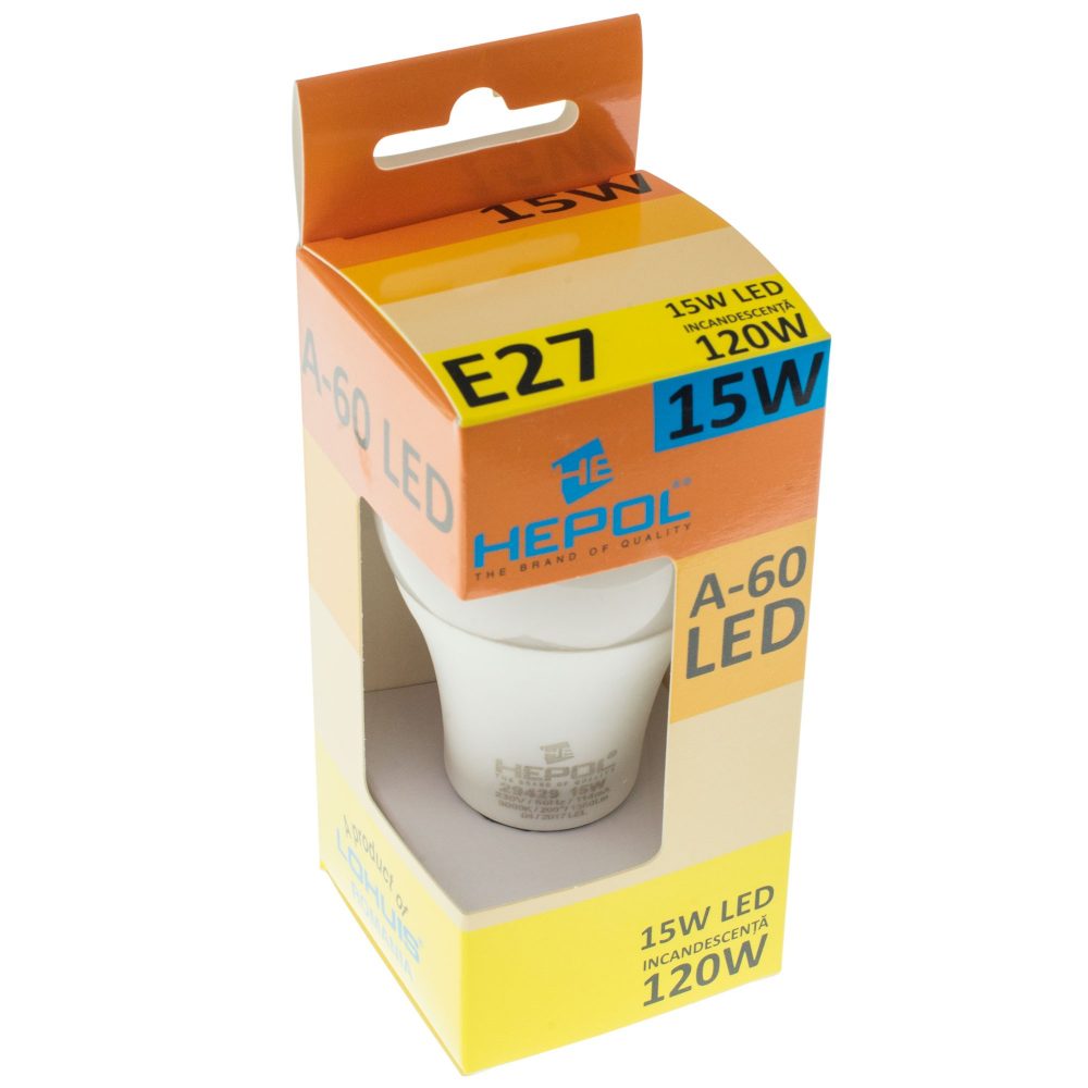 Bec LED HEPOL, forma A60, E27, 15W, 25000 ore, lumina calda