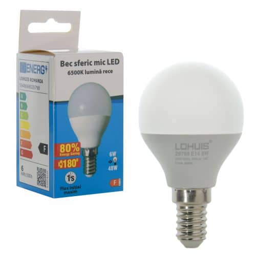 Bec LED LOHUIS DIMABIL, forma sferic, E14, 6W, 25000 ore, lumina rece