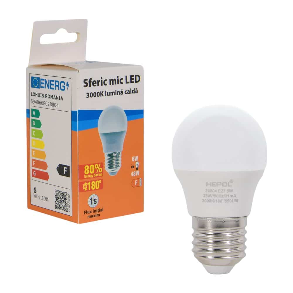Bec LED HEPOL DIMABIL, forma sferic, E27, 6W, 25000 ore, lumina calda