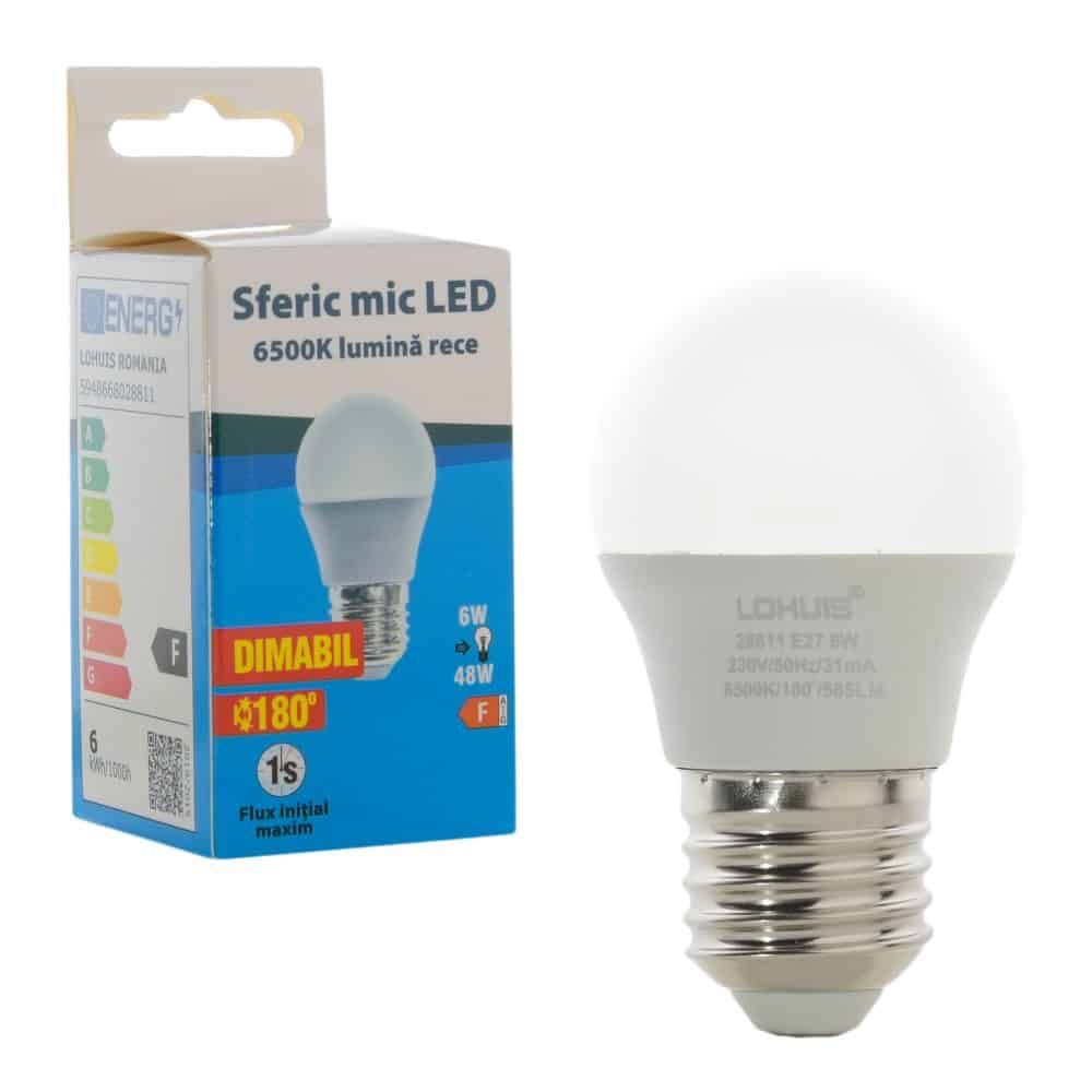 Bec LED LOHUIS DIMABIL, forma sferic mic, E27, 6W, 25000 ore, lumina rece