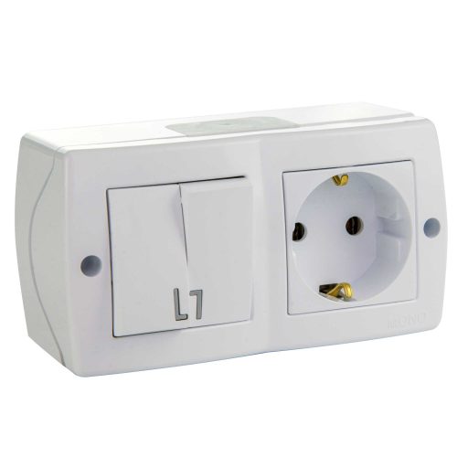 Ansamblu intrerupator dublu si priza simpla cu CP Mono Electric, OCTANS, aparent/PT, alb