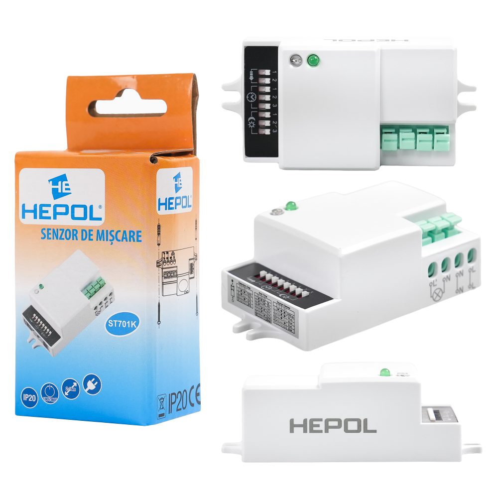 Senzor de miscare HEPOL, 5 – 15m, 180/360°, IP20, alb