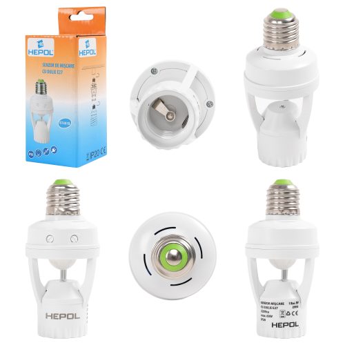 Senzor de miscare HEPOL, dulie E27, 360 grade, IP20, alb