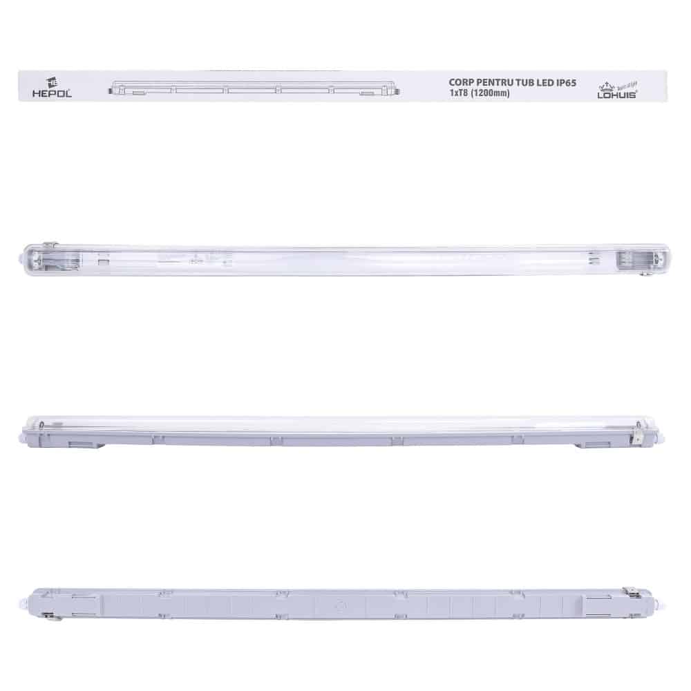 Corp iluminat HEPOL, pentru tub LED, IP65, G13, 1xT8, 1200mm, gri