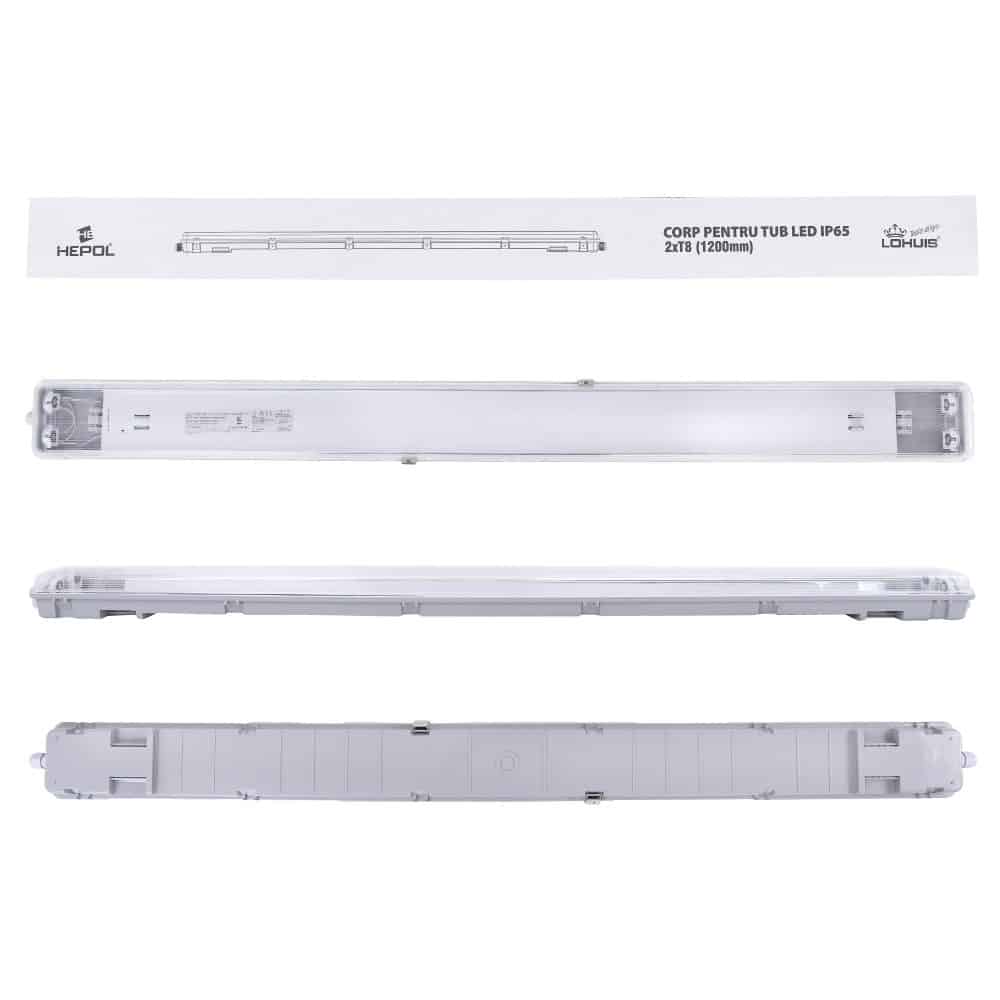 Corp iluminat HEPOL, pentru tub LED, IP65, G13, 2xT8, 1200mm, gri