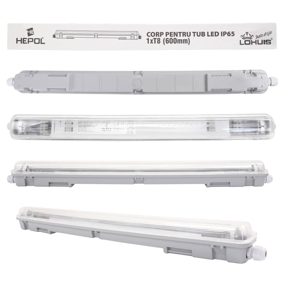 Corp iluminat HEPOL, pentru tub LED, IP65, G13, 1xT8, 600mm, gri