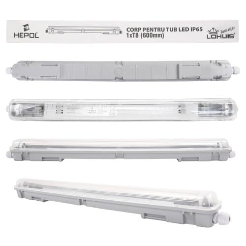Corp iluminat HEPOL, pentru tub LED, IP65, G13, 1xT8, 600mm, gri