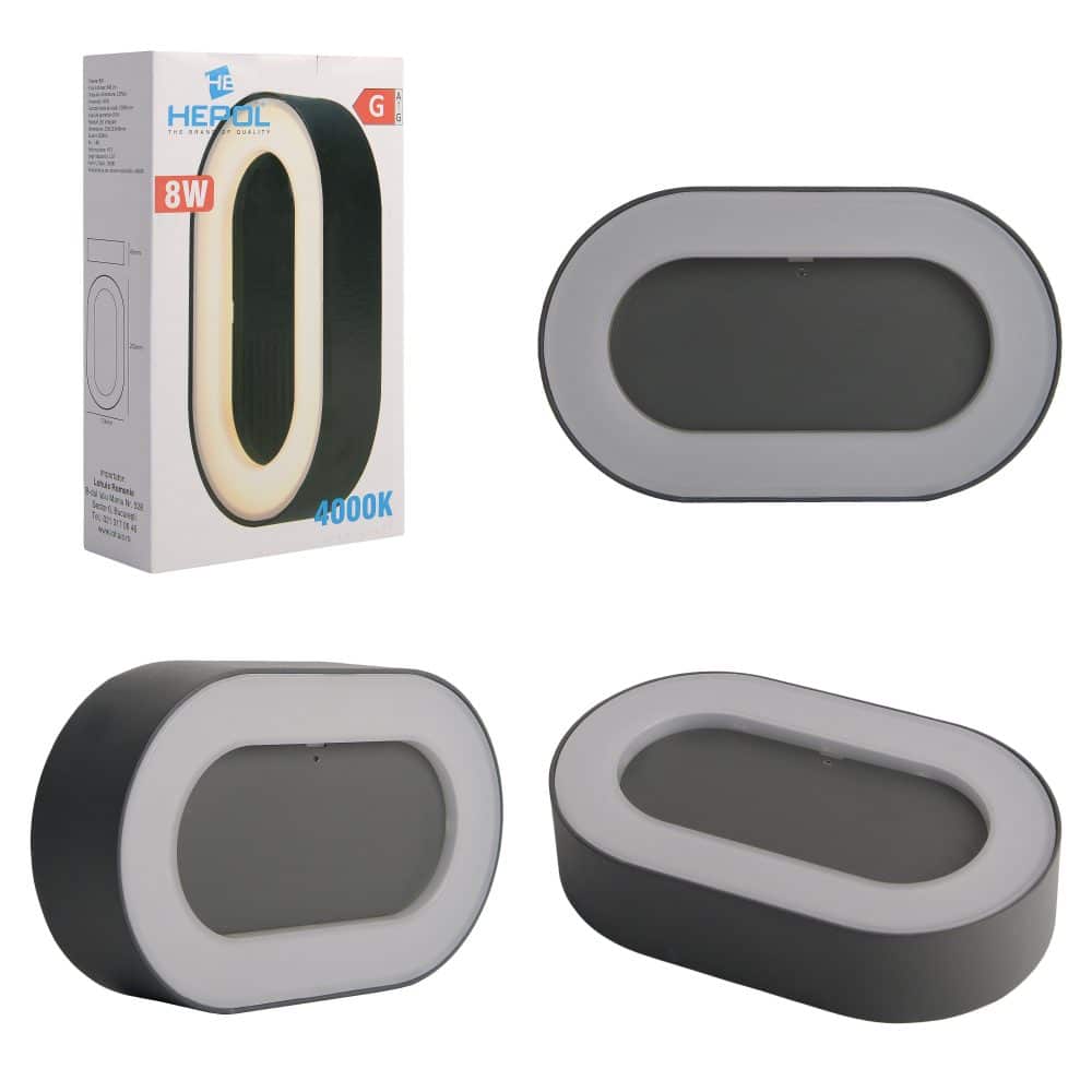 Aplica LED antracit ovala IP54, 8W, 202x123mm, 4000K, HEPOL