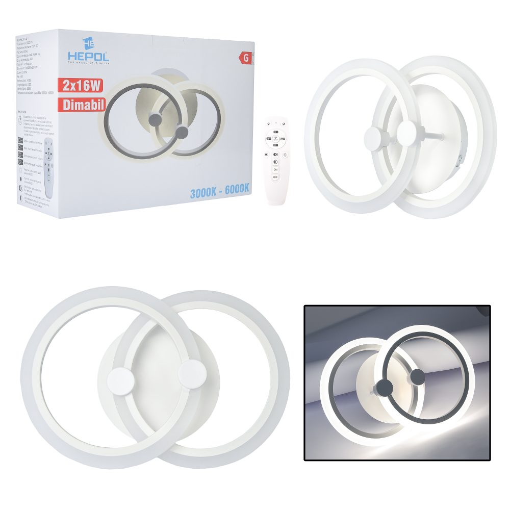 Aplica LED perete 2x16W, rotunda, dimabilă, temperatura culoare ajustabila 3000K-6000K
