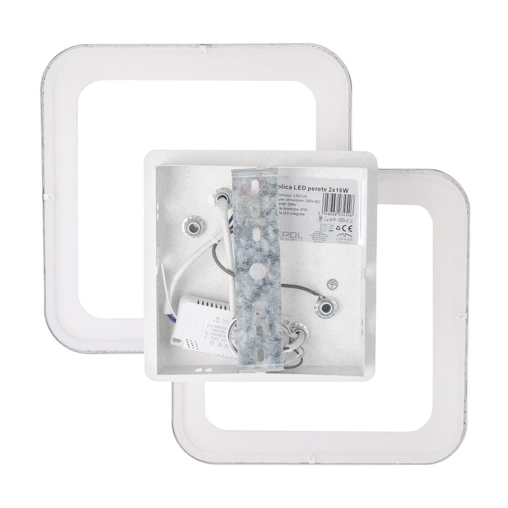 Aplică LED perete 2x16W, pătrată, dimabil, temperatură culoare ajustabilă 3000K-6000K