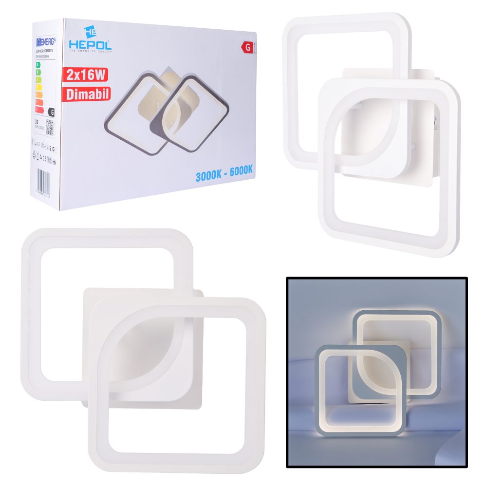 Aplică LED perete 2x16W, pătrată, dimabil, temperatură culoare ajustabilă 3000K-6000K