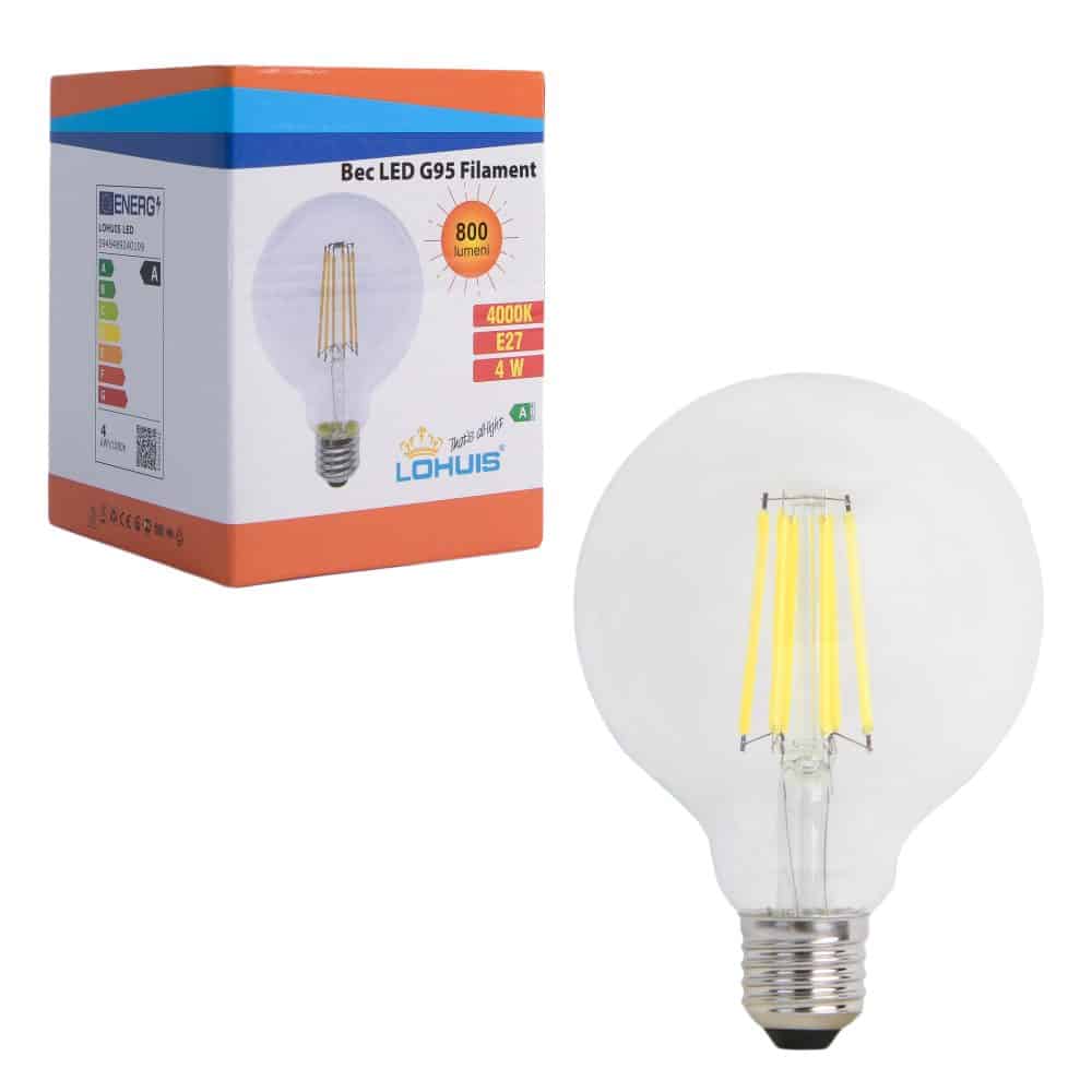 Bec LED G95 Filament, 4W, 800 lumeni, E27, lumină neutră