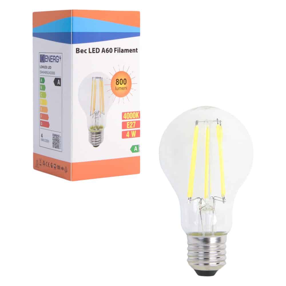 Bec LED A60 Filament, 4W, 800 lumeni, E27, lumină neutră