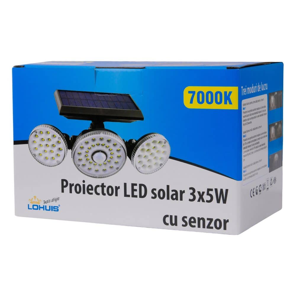 Proiector LED solar 15W (3x5W), cu senzor