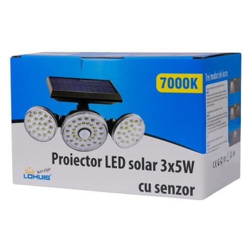 Proiector LED solar 15W (3x5W), cu senzor