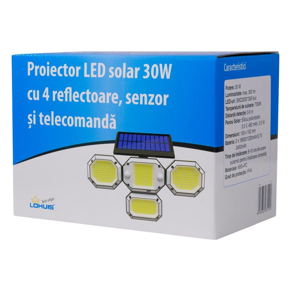 Proiector LED solar 30W, cu 4 reflectoare, senzor si telecomanda