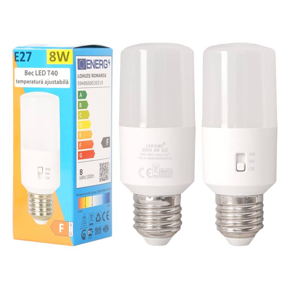 Bec LED cu temperatura de culoare ajustabila T40 8W -3000K/4000K/6500K