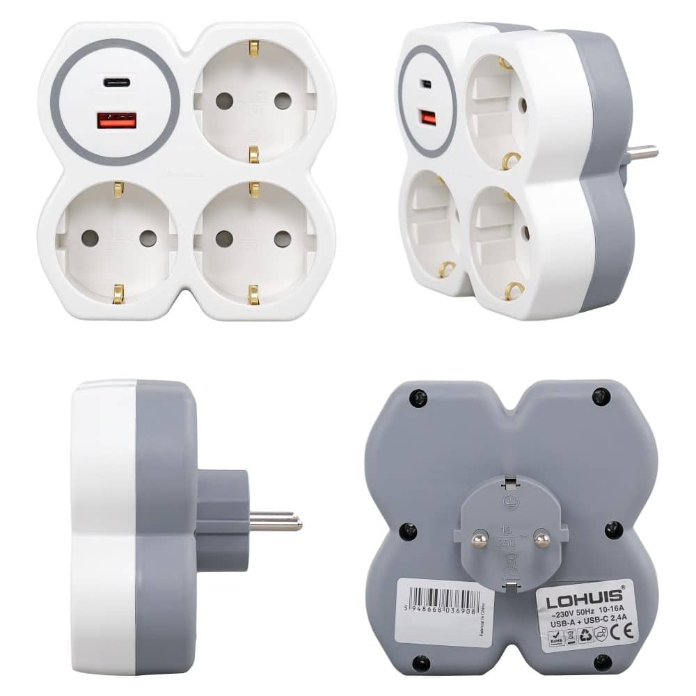 Adaptor 3 prize schuko, 1xUSB-A+1xUSB-C 2.4A A8016 LOHUIS