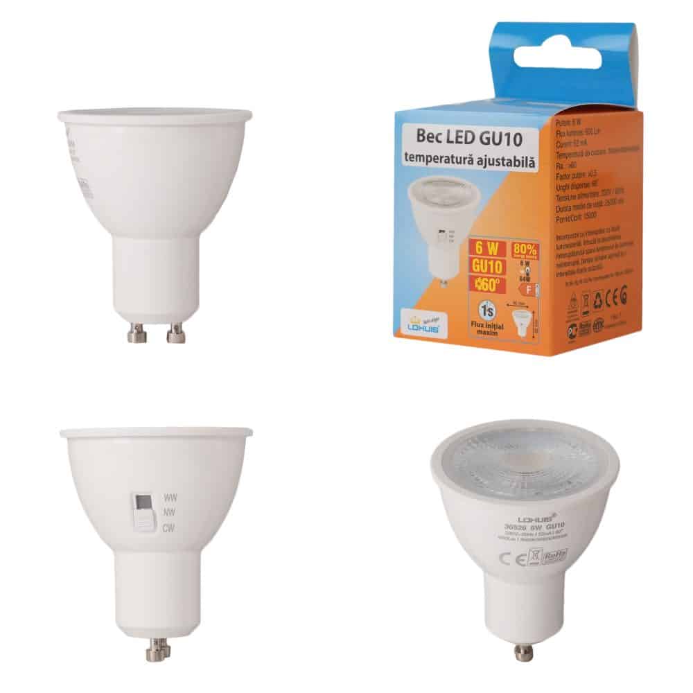Bec LED cu temperatura de culoare ajustabila GU10 6W -3000K/4000K/6500K