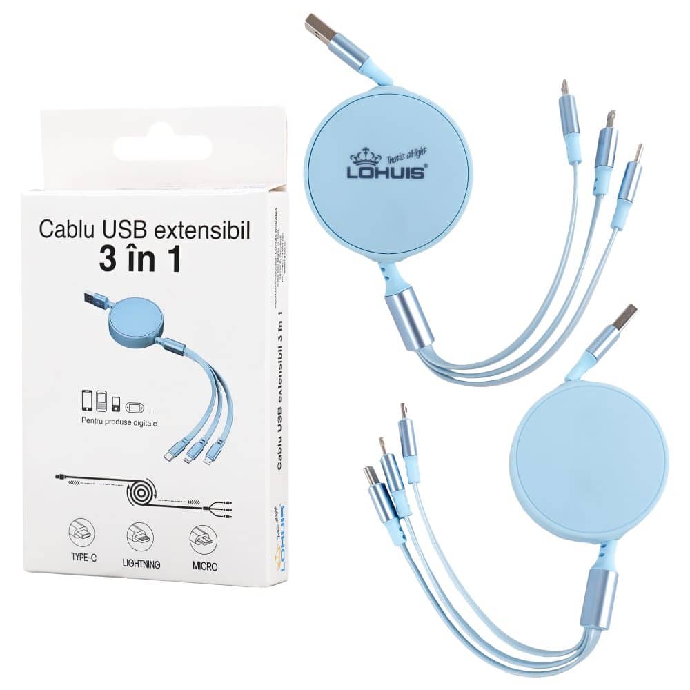 Cablu USB 3in1 1m, USB-C, lighting, micro