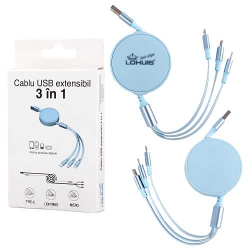 Cablu USB 3in1 1m, USB-C, lighting, micro