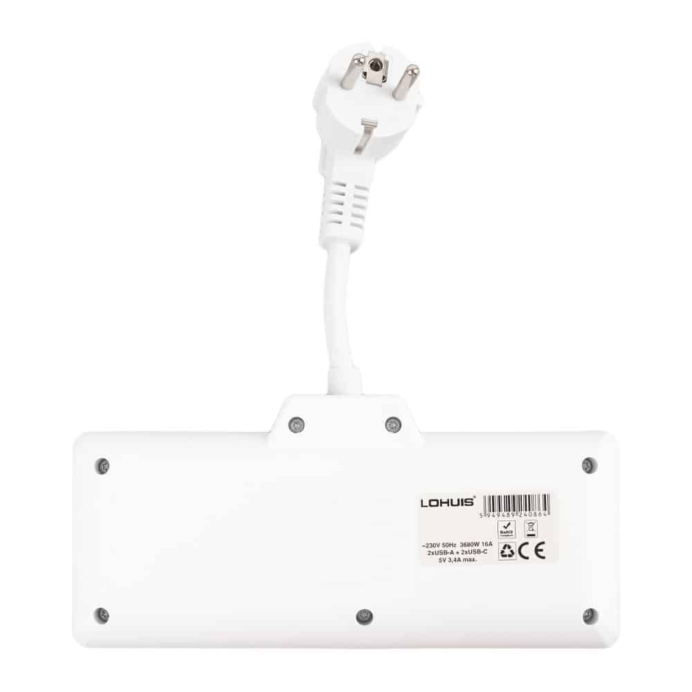 Prelungitor electric (5 cm) 3 prize cu 3 intrerupatoare si 4 USB (2 USB-A+2 TIP-C) 230V 3680W 16A Lohuis