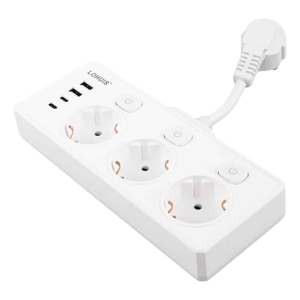 Prelungitor electric (5 cm) 3 prize cu 3 intrerupatoare si 4 USB (2 USB-A+2 TIP-C) 230V 3680W 16A Lohuis