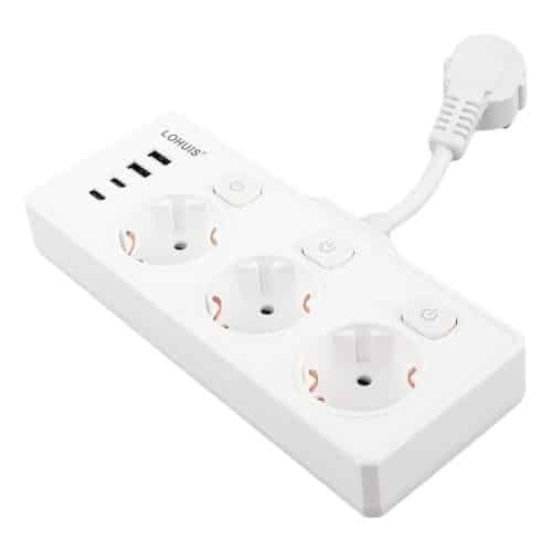 Prelungitor electric (5 cm) 3 prize cu 3 intrerupatoare si 4 USB (2 USB-A+2 TIP-C) 230V 3680W 16A Lohuis