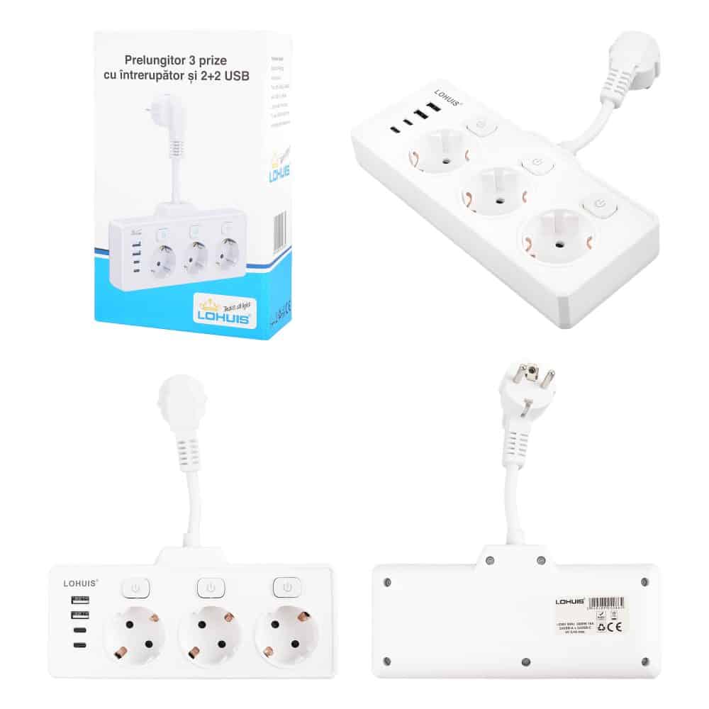 Prelungitor electric (5 cm) 3 prize cu 3 intrerupatoare si 4 USB (2 USB-A+2 TIP-C) 230V 3680W 16A Lohuis