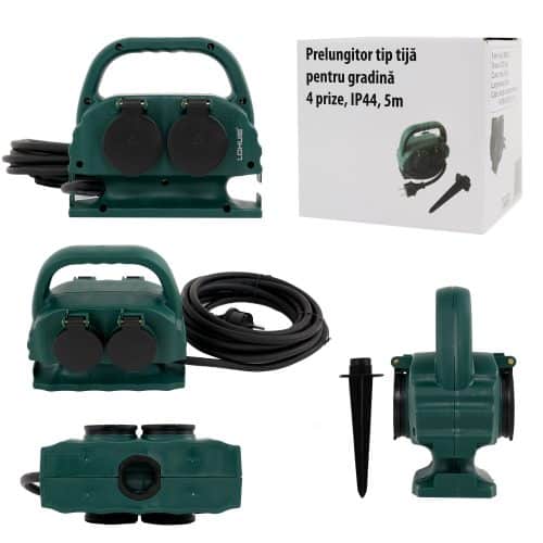 Prelungitor tip tija pentru gradina, 4 prize, IP44, 5m Hepol