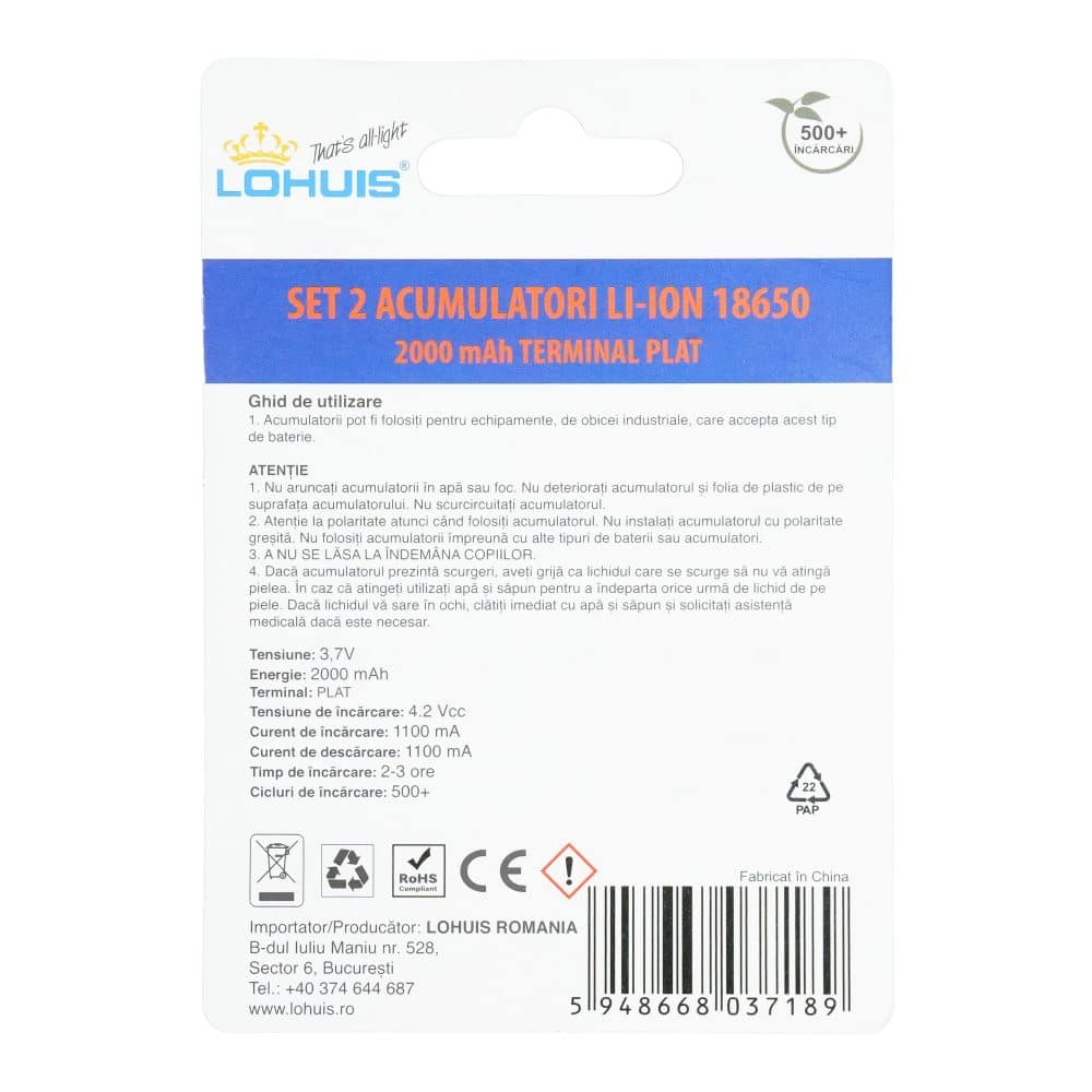 Set 2 acumulatori Li-Ion 2000 mAh, terminal plat