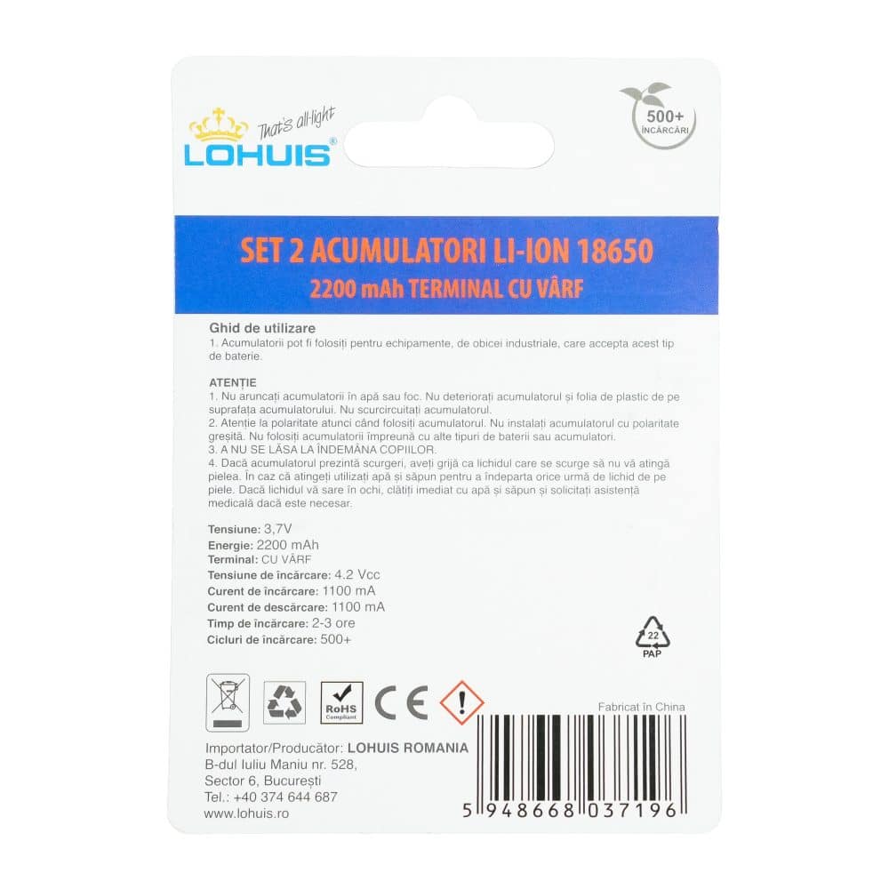Set 2 acumulatori Li-Ion 2200 mAh, terminal cu varf